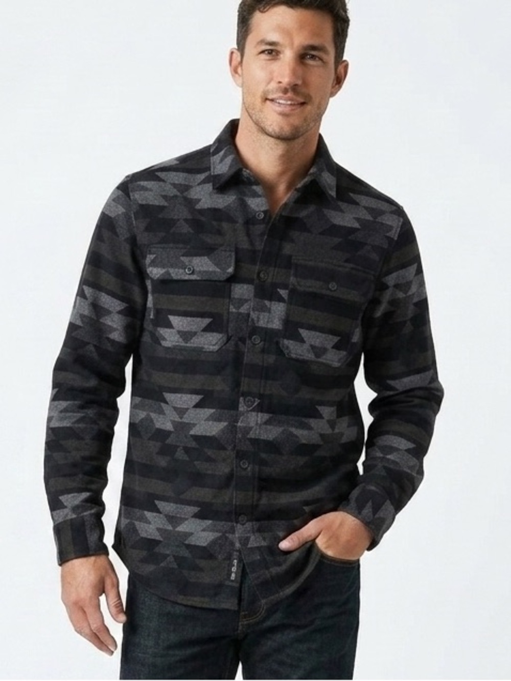 Larsson & Co Men's Jersey Aztec Print Casual Overshirt Navy Blue Gray Medium 596
